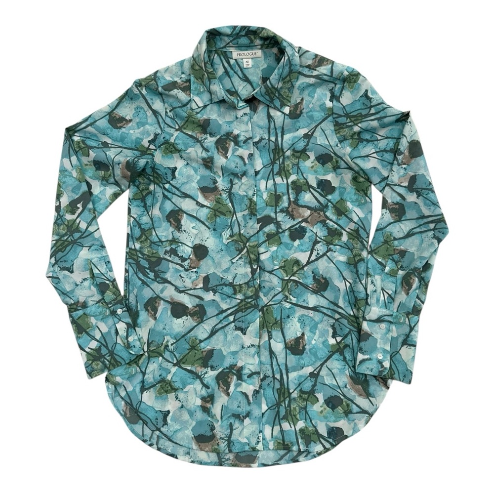 Prologue Teal Light Blue Floral Patterned Button Down Shirt Blouse - Sizs XS